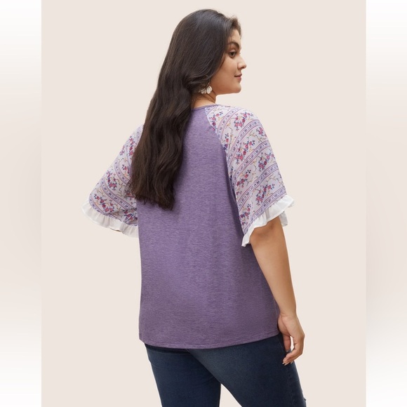 BloomChic Ditsy Floral Patchwork Frill Trim Raglan Sleeve T-shirt size 12 - Picture 2 of 7